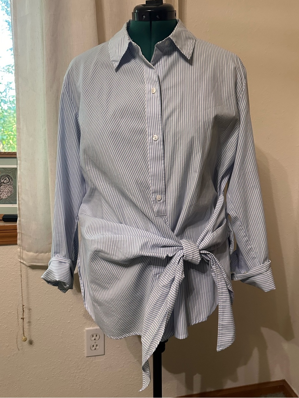 Abercrombie & Fitch Light Blue and White Striped Tie-Front Button Shirt